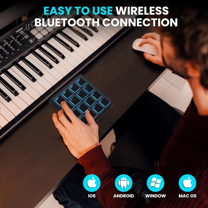 M-Wave M-VAVE Wireless MIDI Controller Pads, 4.1 * 4.1 Inch, 0.28 LBS, Bluetooth Portable USB with 16 Drum, Note Repeat, Full Level Buttons, Rechargeable battery (Black Pocket) - Image 3